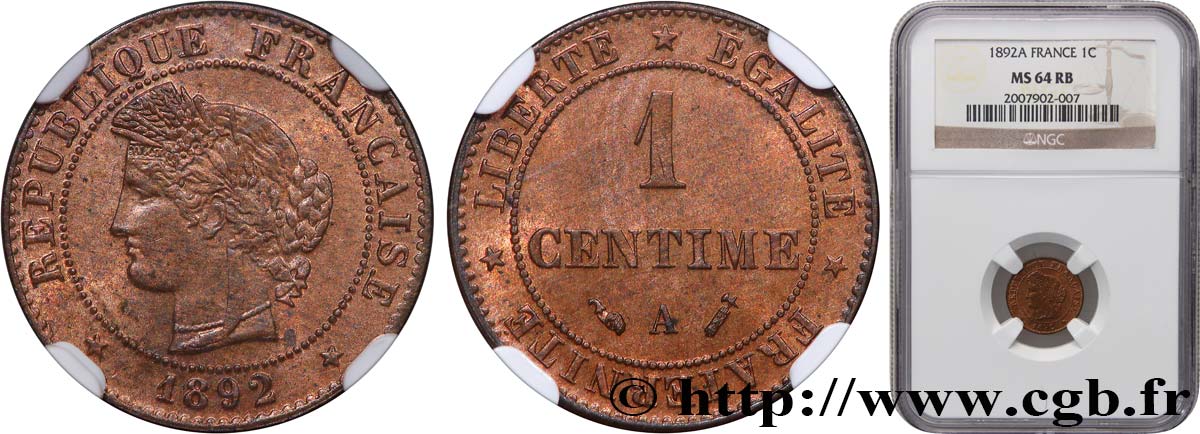 1 centime Cérès 1892 Paris F.104/19 MS64 NGC