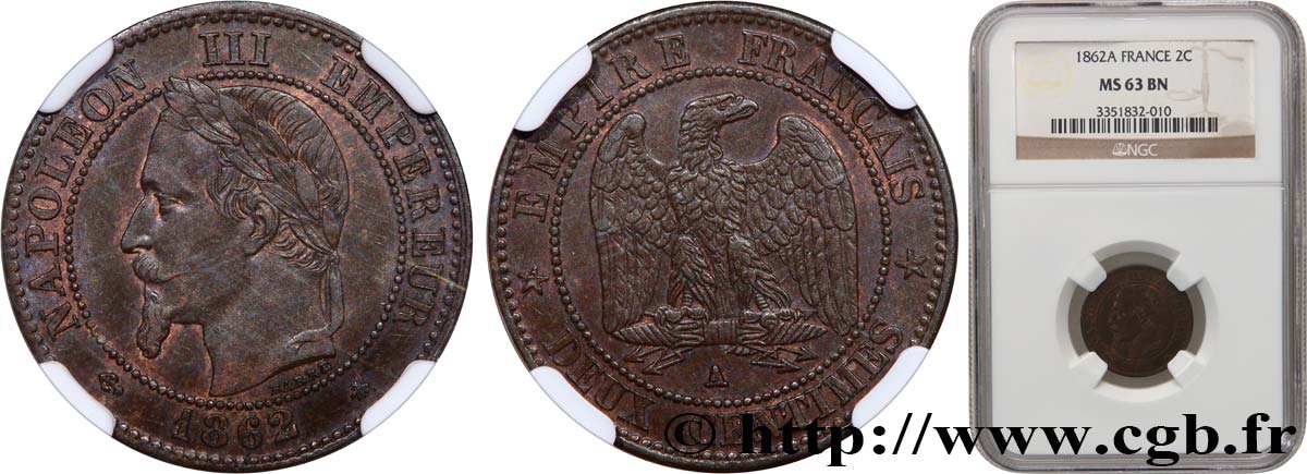 Deux centimes Napoléon III, tête laurée, buste définitif 1862 Paris F.108A/4 SC63 NGC