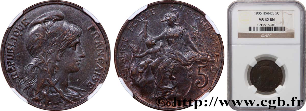 5 centimes Daniel-Dupuis 1906  F.119/16 MS62 NGC