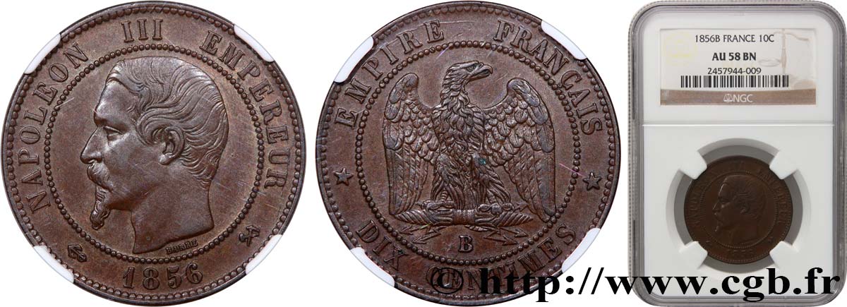 Dix centimes Napoléon III, tête nue 1856 Rouen F.133/35 AU58 NGC
