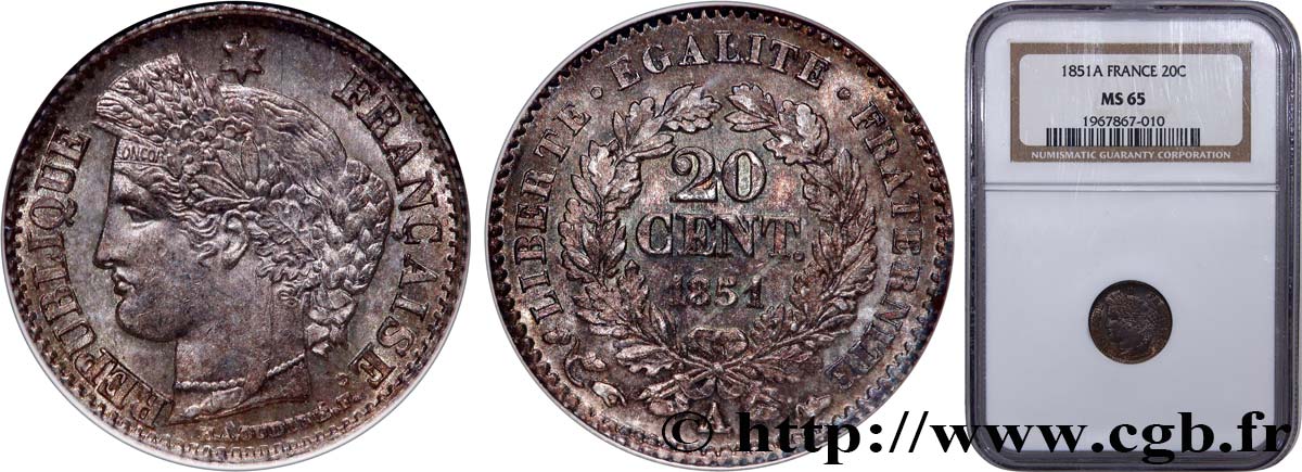 20 centimes Cérès, IIe République 1851 Paris F.146/7 MS65 NGC