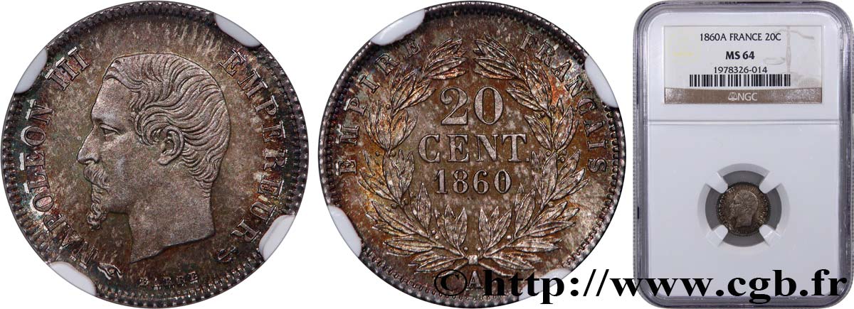 20 centimes Napoléon III, tête nue 1860 Paris F.148/14 SPL64 NGC