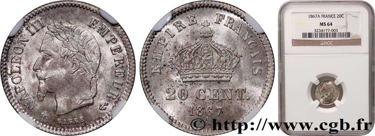 20 centimes Napoléon III, tête laurée, grand module 1867 Paris F.150/1 SC64 NGC