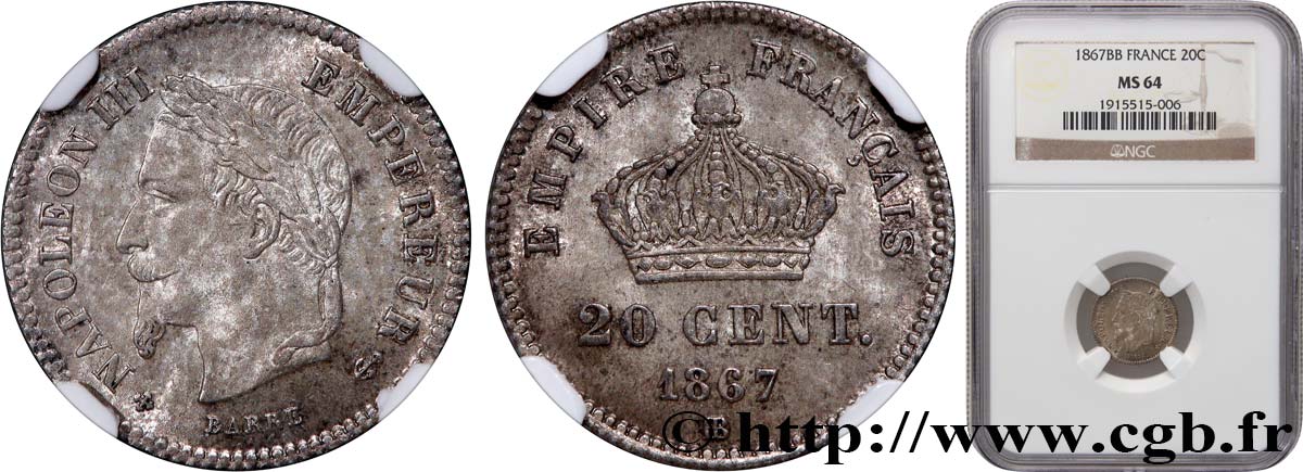 20 centimes Napoléon III, tête laurée, grand module 1867 Strasbourg F.150/2 MS64 NGC