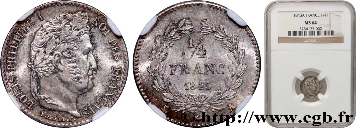 1/4 franc Louis-Philippe 1843 Paris F.166/93 fST64 NGC