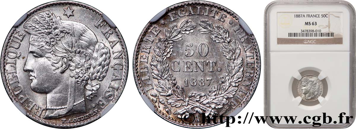 50 centimes Cérès, Troisième République 1887 Paris F.189/12 SC63 NGC