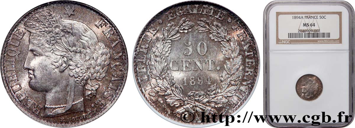 50 centimes Cérès, Troisième République 1894 Paris F.189/15 SPL64 NGC