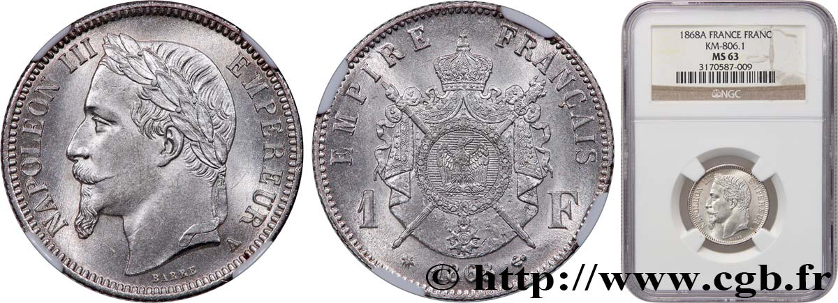 1 franc Napoléon III, tête laurée 1868 Paris F.215/10 fST63 NGC