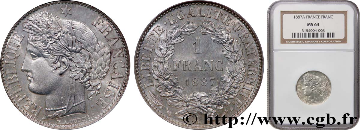 1 franc Cérès, IIIe République 1887 Paris F.216/9 SPL64 NGC