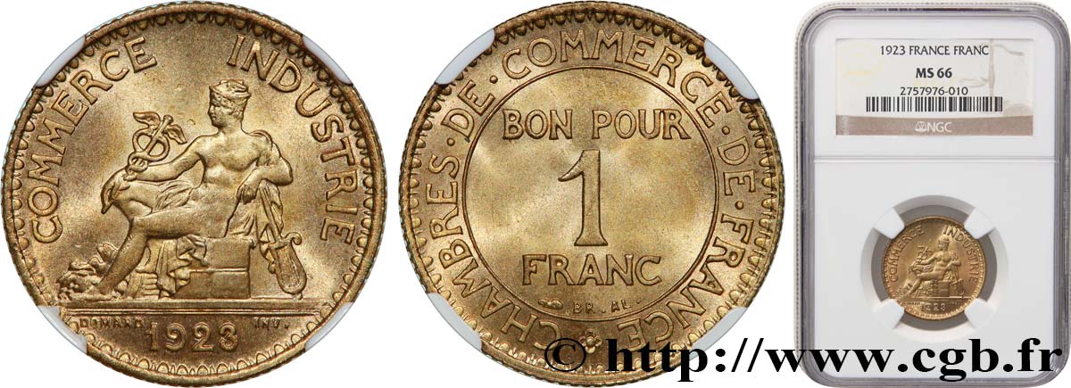 1 franc Chambres de Commerce 1923 Paris F.218/5 MS66 NGC