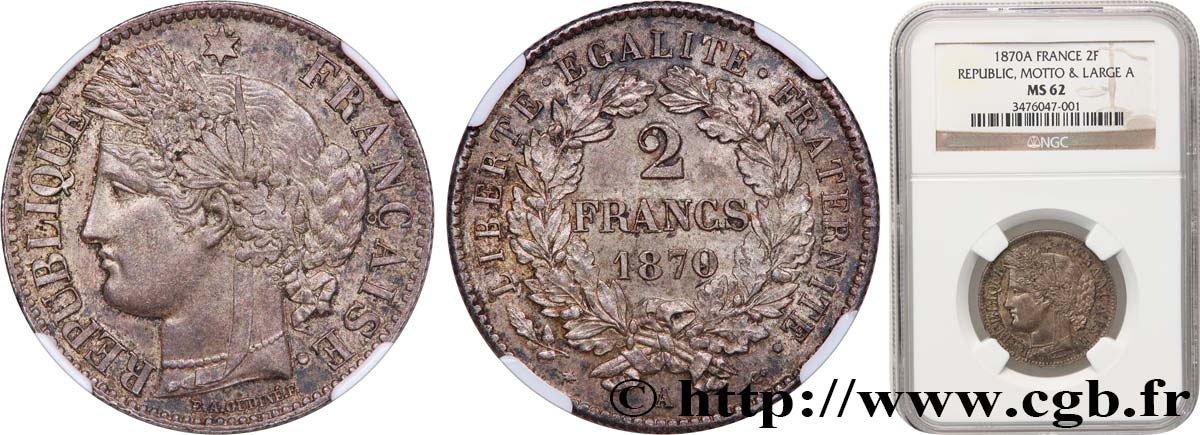 2 francs Cérès, avec légende 1870 Paris F.265/1 VZ62 NGC