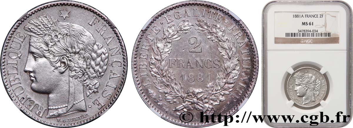 2 francs Cérès, avec légende 1881 Paris F.265/12 MS61 NGC