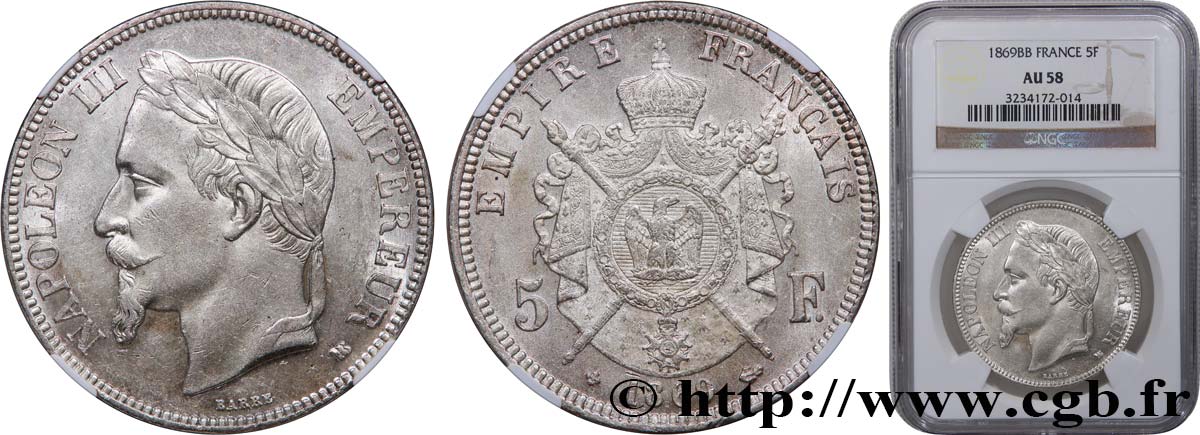 5 francs Napoléon III, tête laurée 1869 Strasbourg F.331/15 AU58 NGC