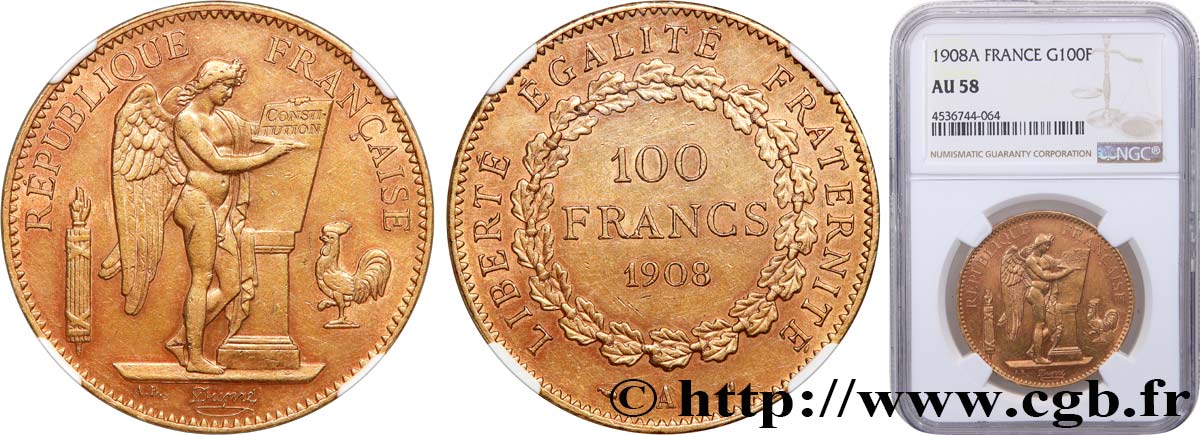 100 francs génie, tranche inscrite en relief liberté égalité fraternité 1908 Paris F.553/2 AU58 NGC