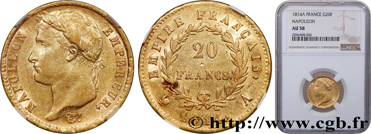 20 francs or Napoléon tête laurée, Empire français 1814 Paris F.516/39 SUP58 NGC