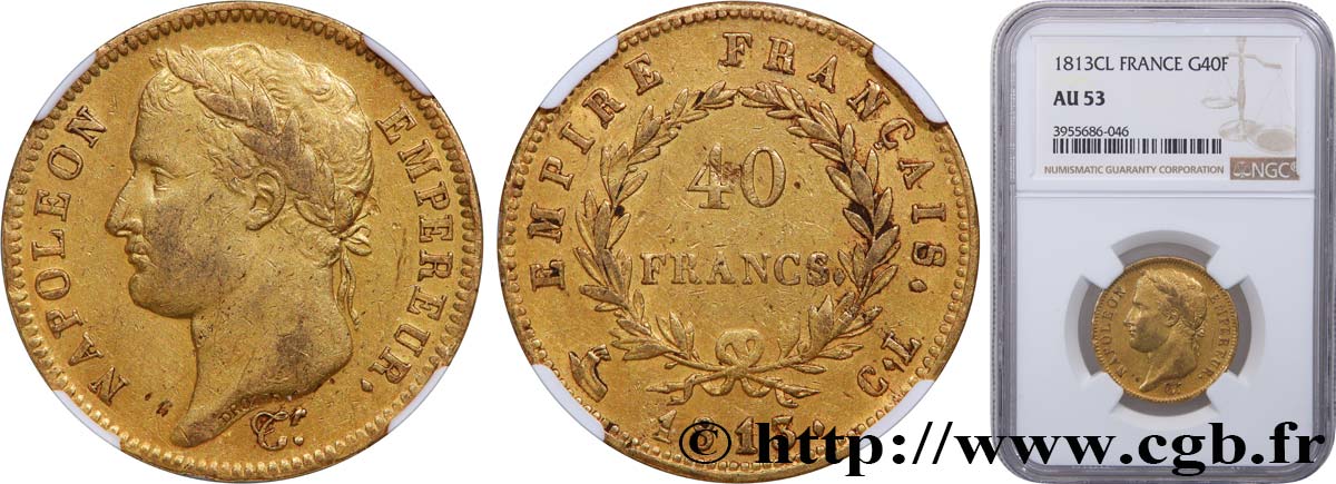 40 francs or Napoléon tête laurée, Empire français 1813 Gênes F.541/12 AU53 NGC