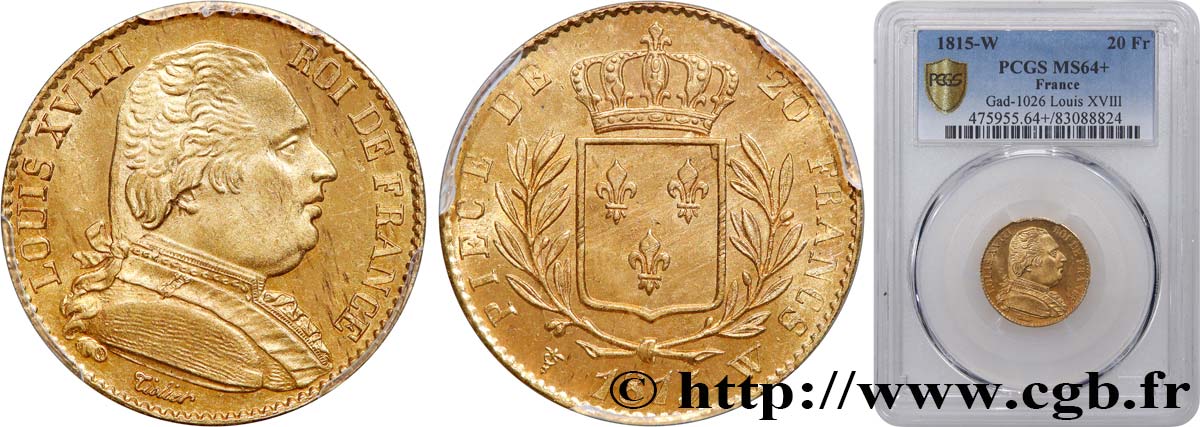 20 francs or Louis XVIII, buste habillé 1815 Lille F.517/18 SPL64 PCGS