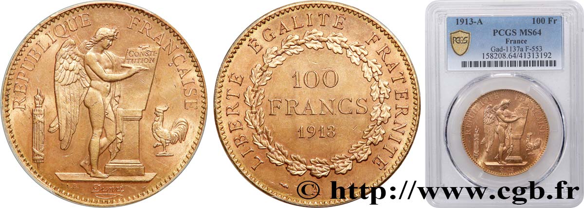 100 francs or Génie, tranche inscrite en relief Liberté Égalité Fraternité 1913 Paris F.553/7 SPL64 PCGS