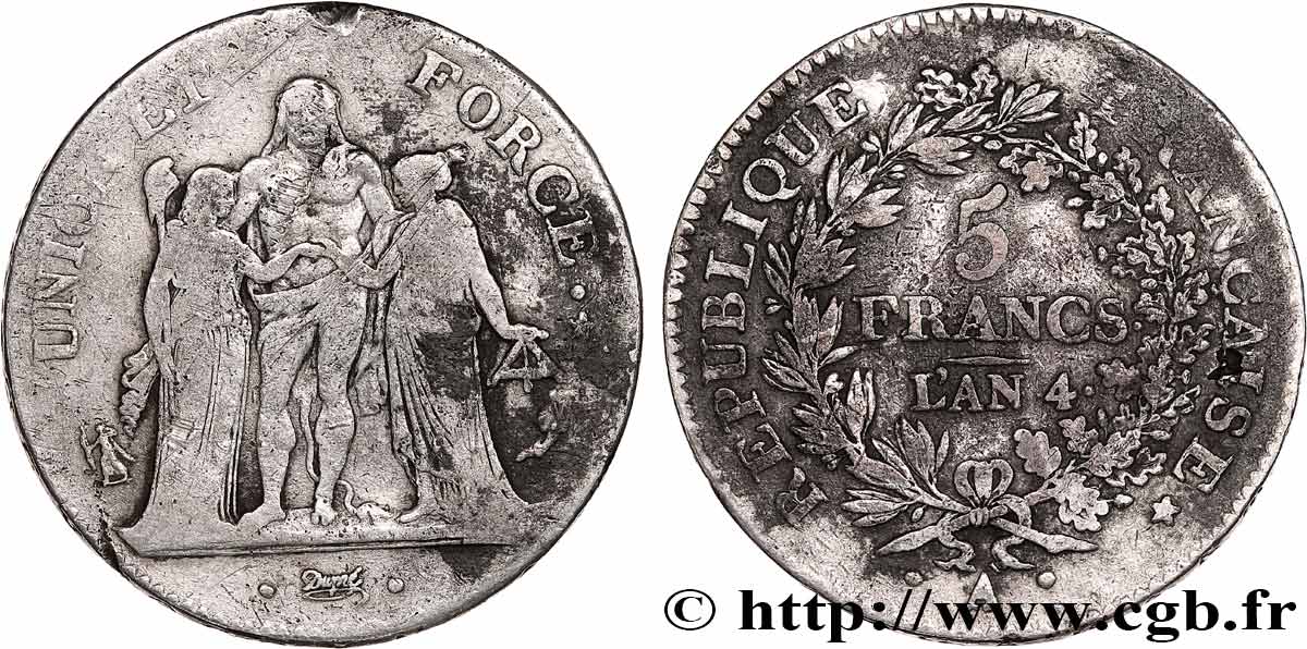 5 francs Union et Force, Union serré, avec glands intérieurs et gland extérieur 1796 Paris F.288/2 TB 