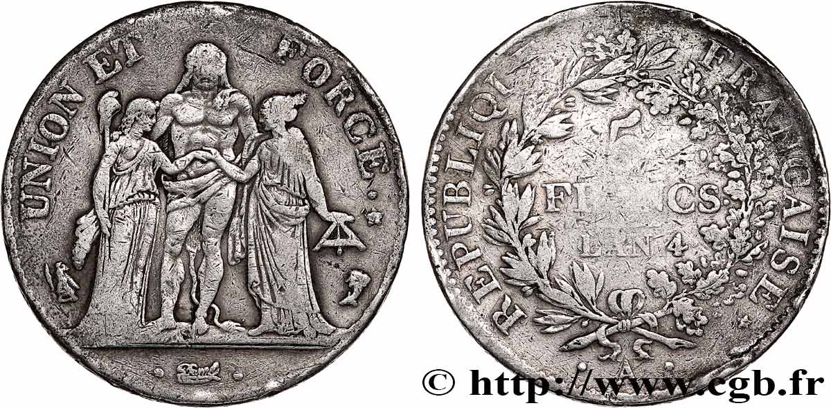 5 francs Union et Force, Union serré, avec glands, listel par virole 1796 Paris F.287/1 S 