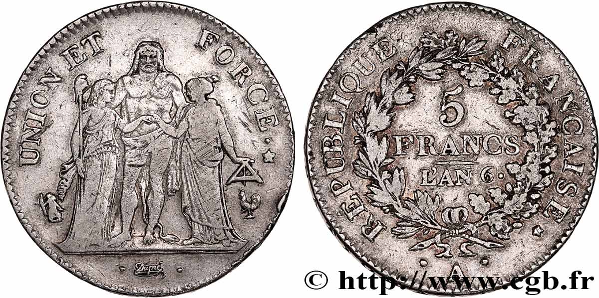 5 francs Union et Force, Union serré, avec glands intérieurs et gland extérieur 1798 Paris F.288/35 VF 