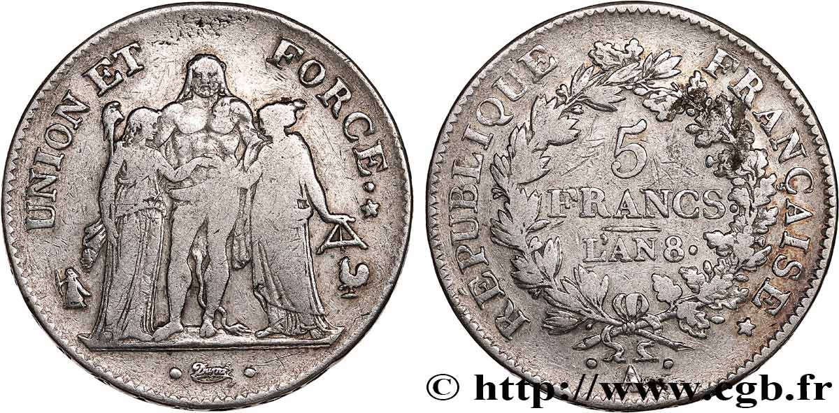 5 francs Union et Force, Union serré, avec glands intérieurs et gland extérieur 1800 Paris F.288/126 TB 