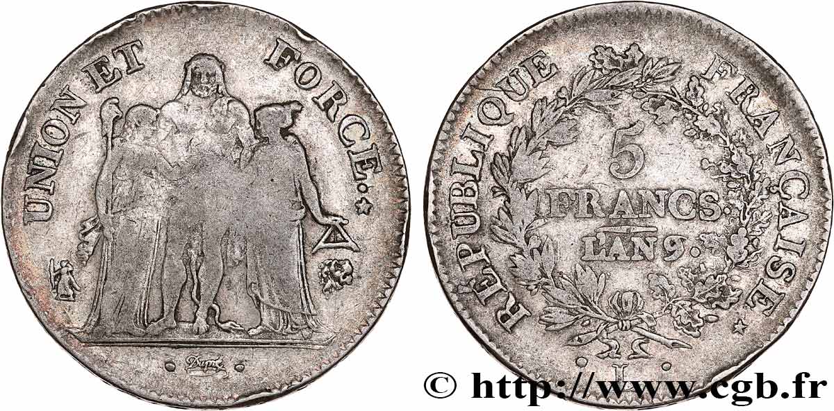 5 francs Union et Force, Union serré, avec glands intérieurs et gland extérieur 1801 Bayonne F.288/163 q.BB 