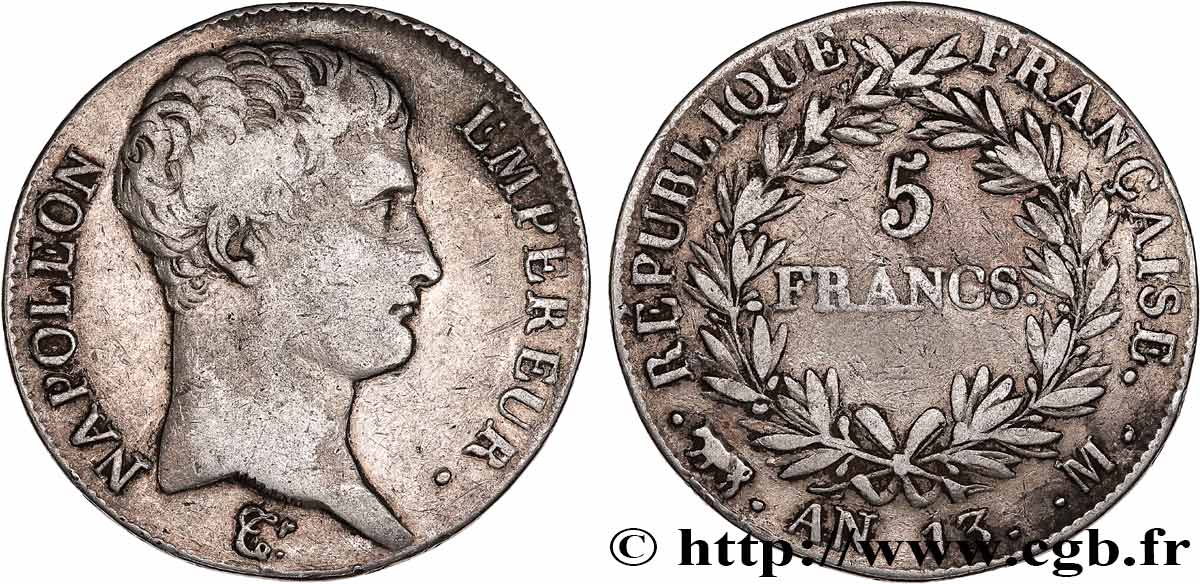 5 francs Napoléon Empereur, Calendrier révolutionnaire 1805 Toulouse F.303/13 TB 