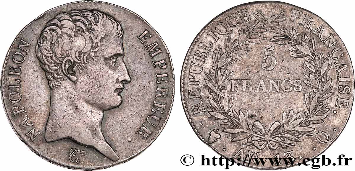 5 francs Napoléon Empereur, Calendrier révolutionnaire 1805 Perpignan F.303/15 TTB40 