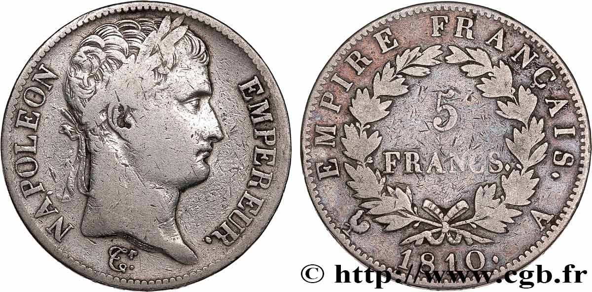 5 francs Napoléon Empereur, Empire français 1810 Paris F.307/14 TB 