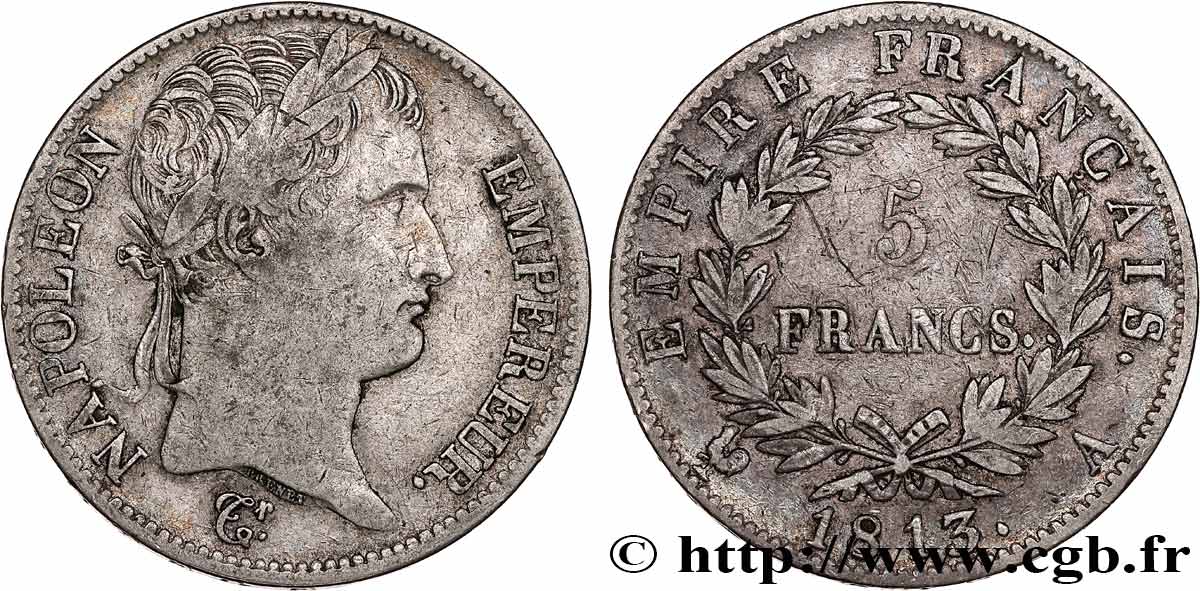 5 francs Napoléon Empereur, Empire français 1813 Paris F.307/58 XF40 