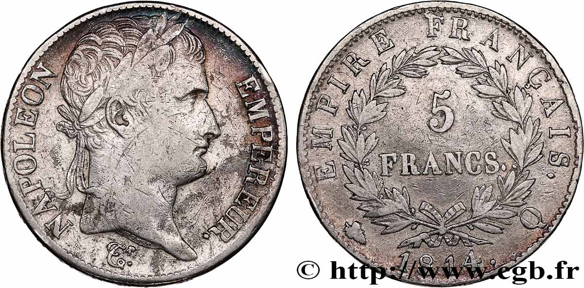 5 francs Napoléon Empereur, Empire français 1814 Perpignan F.307/84 q.BB 