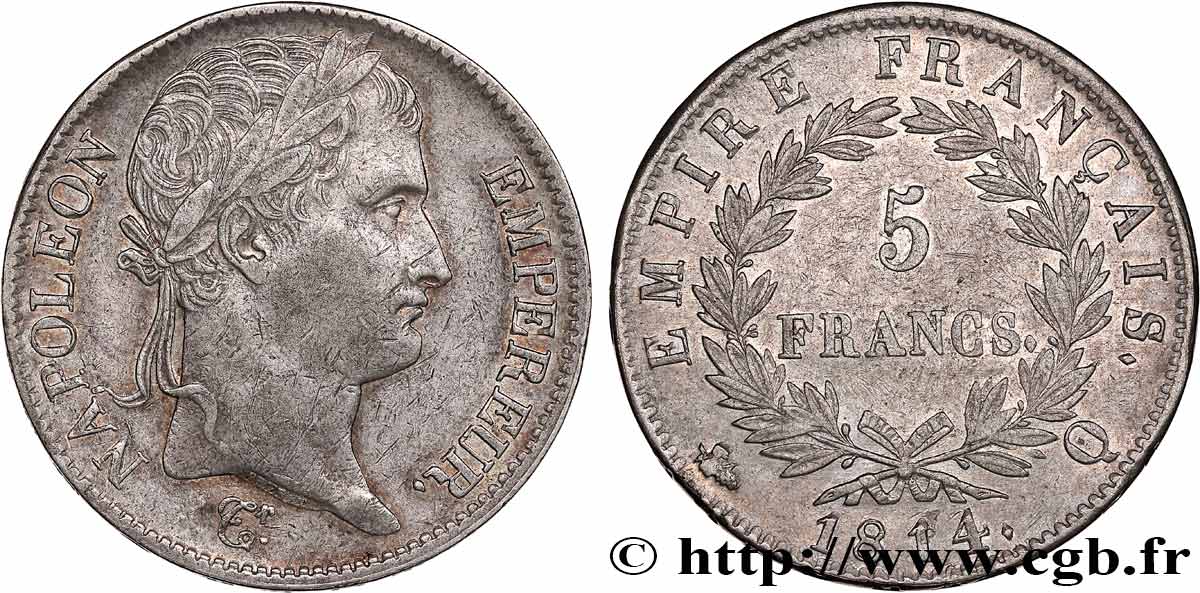 5 francs Napoléon Empereur, Empire français 1814 Perpignan F.307/84 TTB50 