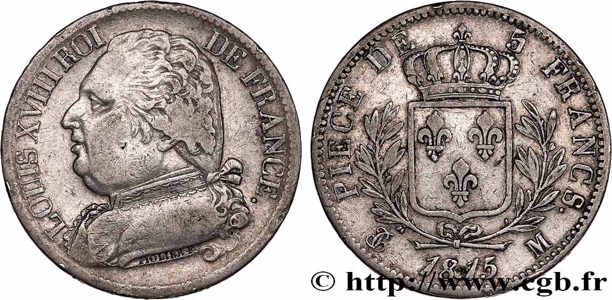 5 francs Louis XVIII, buste habillé 1815 Toulouse F.308/26 VF35 