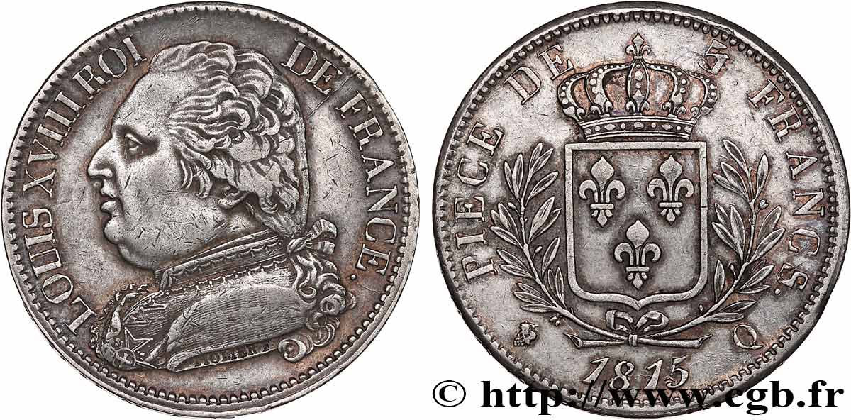 5 francs Louis XVIII, buste habillé 1815 Perpignan F.308/28 TTB45 