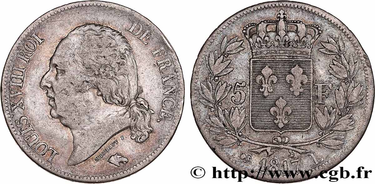 5 francs Louis XVIII, tête nue 1817 Bayonne F.309/22 VF20 