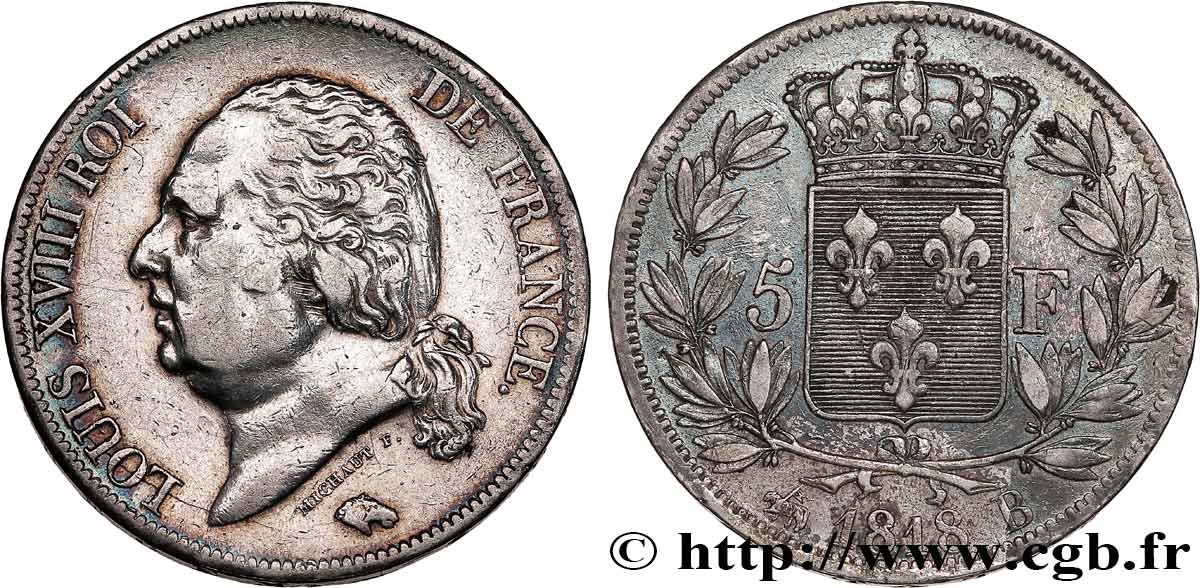 5 francs Louis XVIII, tête nue 1818 Rouen F.309/29 XF 