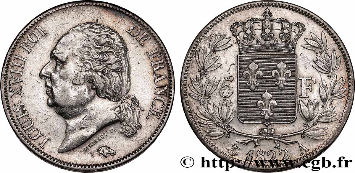 5 francs Louis XVIII, tête nue 1822 Paris F.309/68 AU 