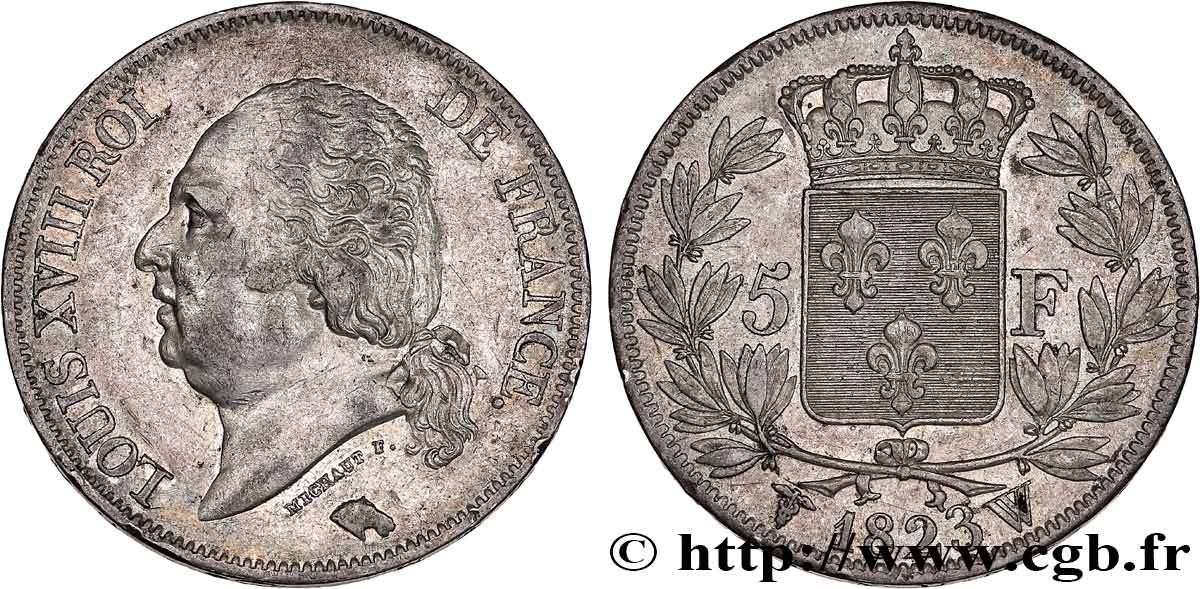 5 francs Louis XVIII, tête nue 1823 Lille F.309/87 SS50 
