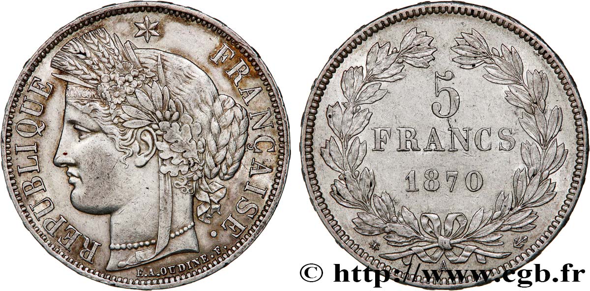 5 francs Cérès, sans légende 1870 Paris F.332/1 TTB+ 