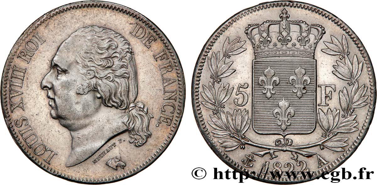 5 francs Louis XVIII, tête nue 1822 Paris F.309/67 SUP 