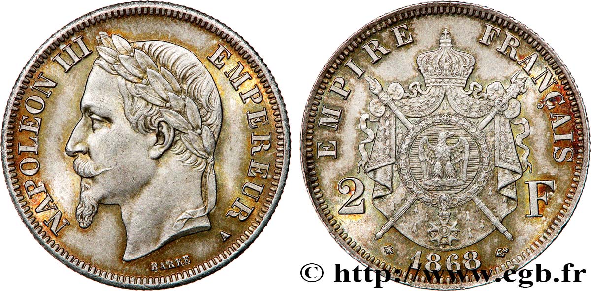 2 francs Napoléon III, tête laurée 1868 Paris F.263/8 fST63 