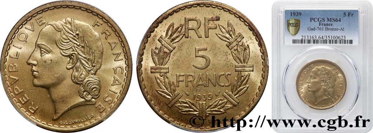 5 francs Lavrillier, bronze-aluminium 1939  F.337/3 SPL64 PCGS