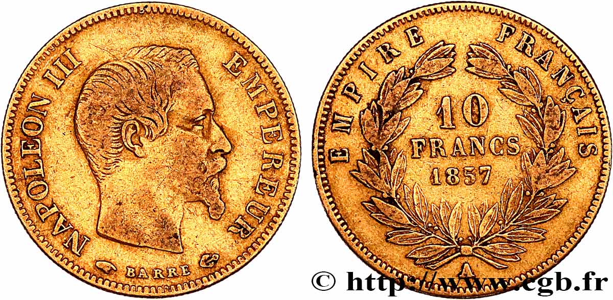 10 francs or Napoléon III, tête nue 1857 Paris F.506/4 VF 