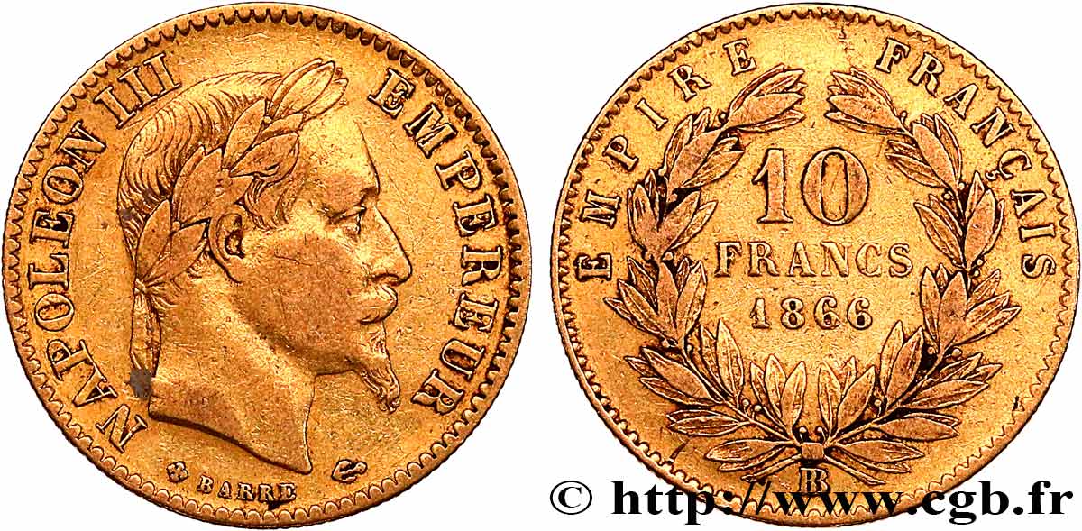 10 francs or Napoléon III, tête laurée 1866 Strasbourg F.507A/14 VF 