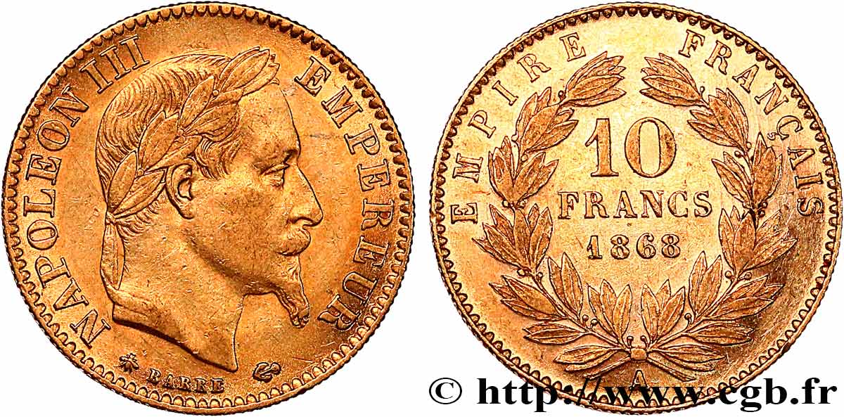 10 francs or Napoléon III, tête laurée 1868 Paris F.507A/17 TTB 