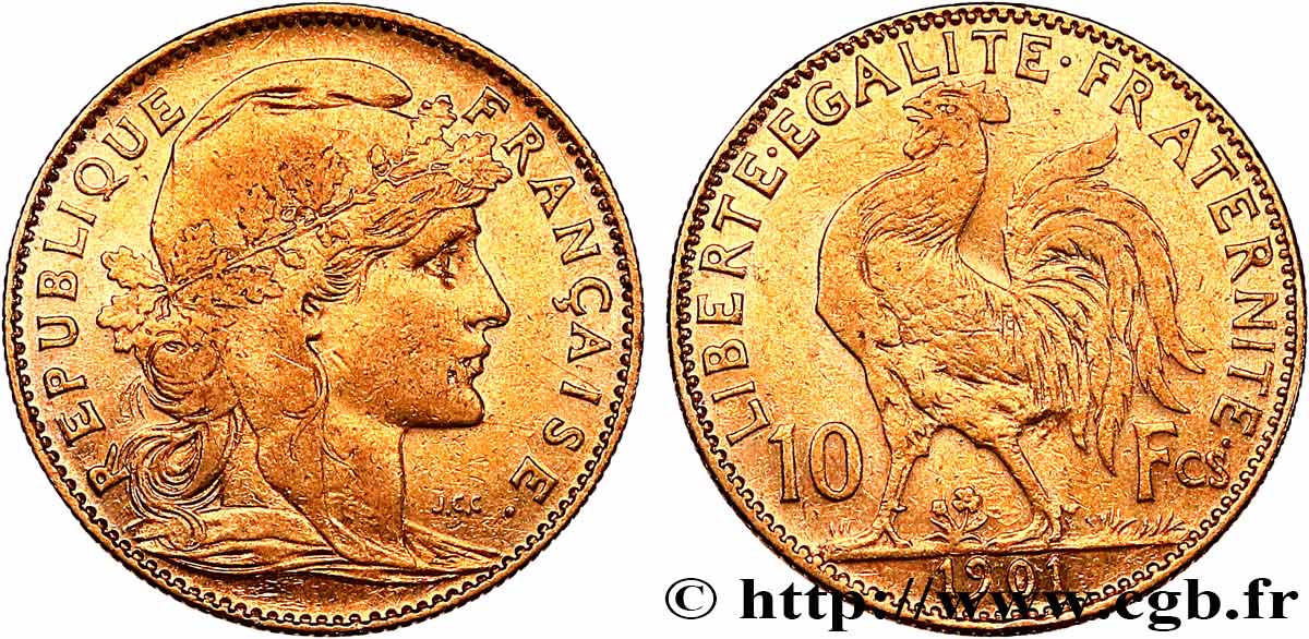 10 francs or Coq 1901 Paris F.509/5 MBC 
