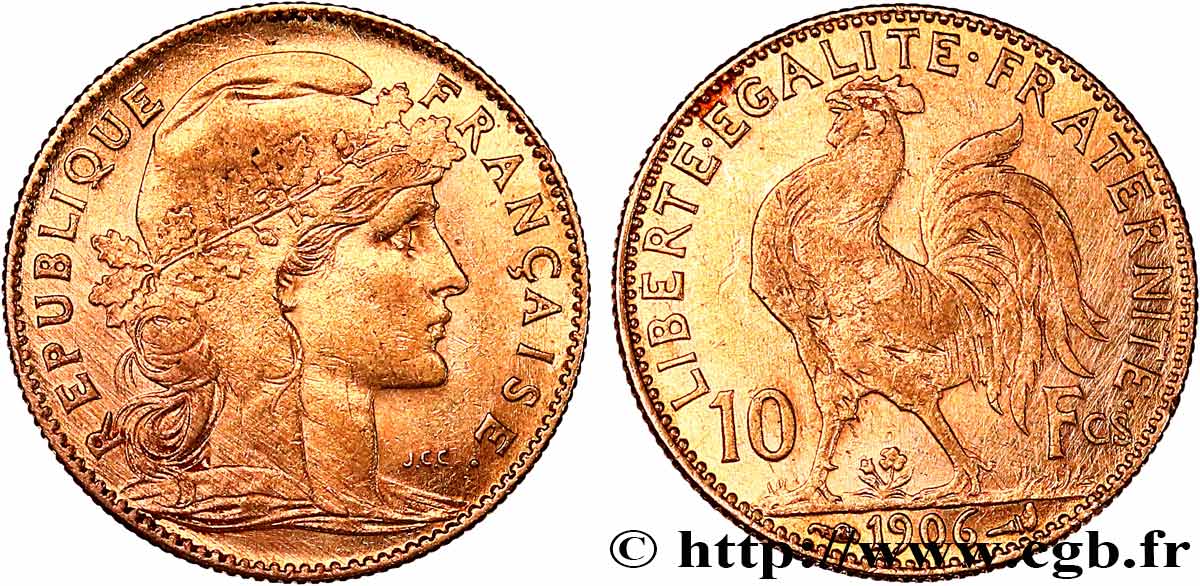 10 francs or Coq 1906 Paris F.509/7 XF 