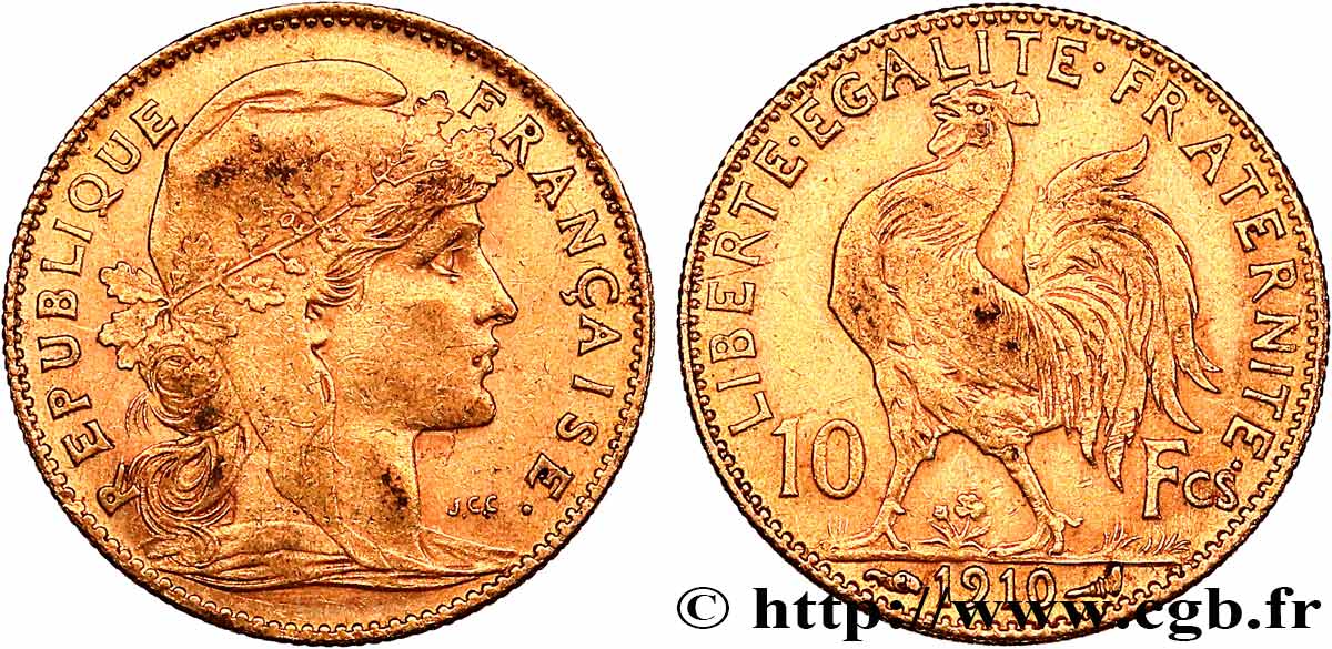 10 francs or Coq 1910 Paris F.509/11 MBC 