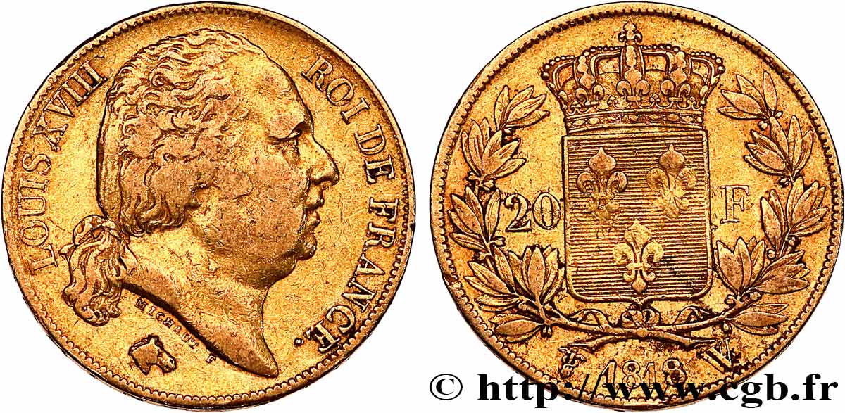 20 francs or Louis XVIII, tête nue 1818 Lille F.519/14 TB+ 